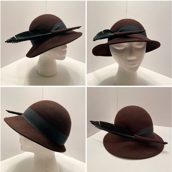 Vintage Frank Olive for Lord & Taylor Brown 100% Wool Cloche Hat with Feather - Picture 1 of 13